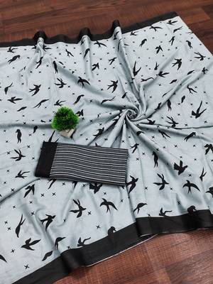 Grey block print soft pure cotton saree with blouse. 5