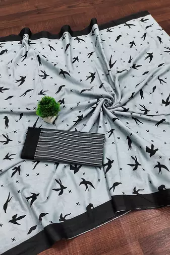 Grey block print soft pure cotton saree with blouse.
