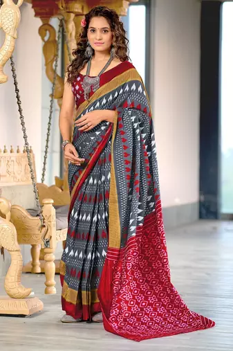 Grey ikkat, block print mulmul cotton saree with blouse.