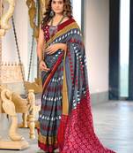 Grey ikkat, block print mulmul cotton saree with blouse.