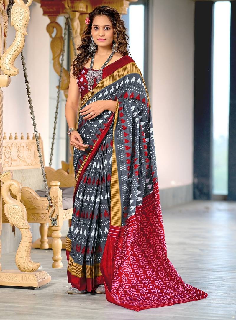 Grey ikkat, block print mulmul cotton saree with blouse.