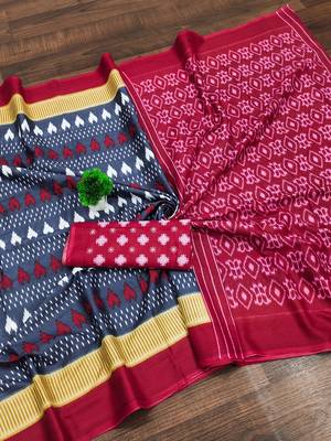 Grey ikkat, block print mulmul cotton saree with blouse. 5