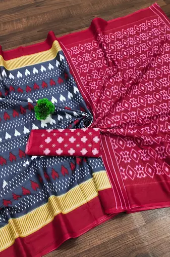 Grey ikkat, block print mulmul cotton saree with blouse.