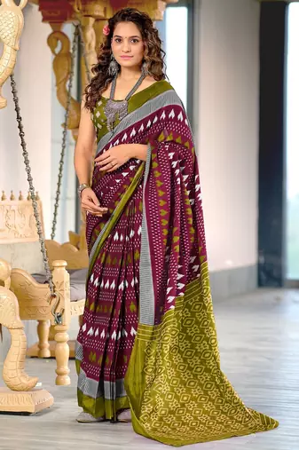 Maroon ikkat, block print mulmul cotton saree with blouse.