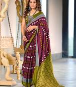 Maroon ikkat, block print mulmul cotton saree with blouse.