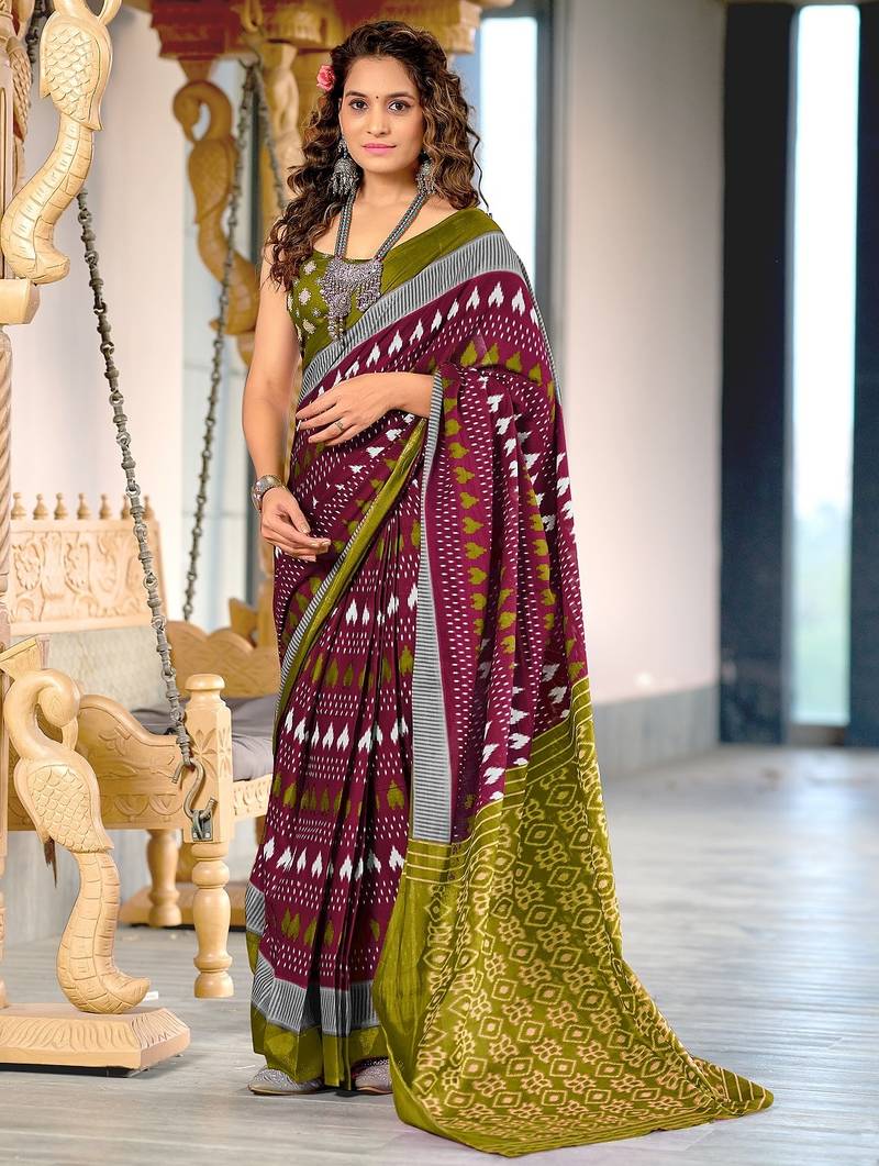 Maroon ikkat, block print mulmul cotton saree with blouse.
