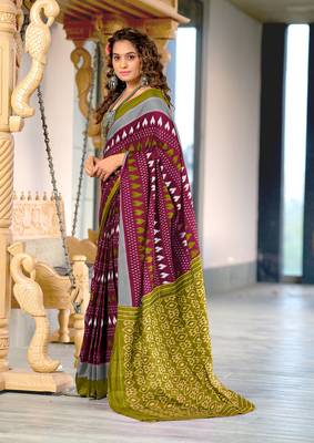 Maroon ikkat, block print mulmul cotton saree with blouse. 3