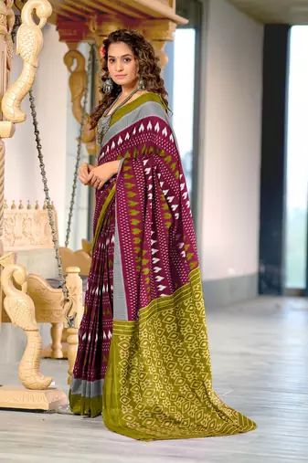 Maroon ikkat, block print mulmul cotton saree with blouse.