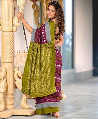 Maroon ikkat, block print mulmul cotton saree with blouse. 4