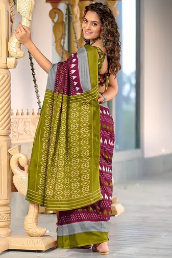 Maroon ikkat, block print mulmul cotton saree with blouse.