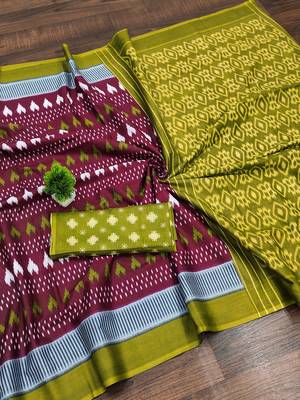 Maroon ikkat, block print mulmul cotton saree with blouse. 5