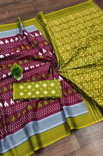 Maroon ikkat, block print mulmul cotton saree with blouse.