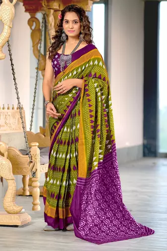 Mehendi ikkat, block print mulmul cotton saree with blouse.