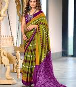 Mehendi ikkat, block print mulmul cotton saree with blouse.