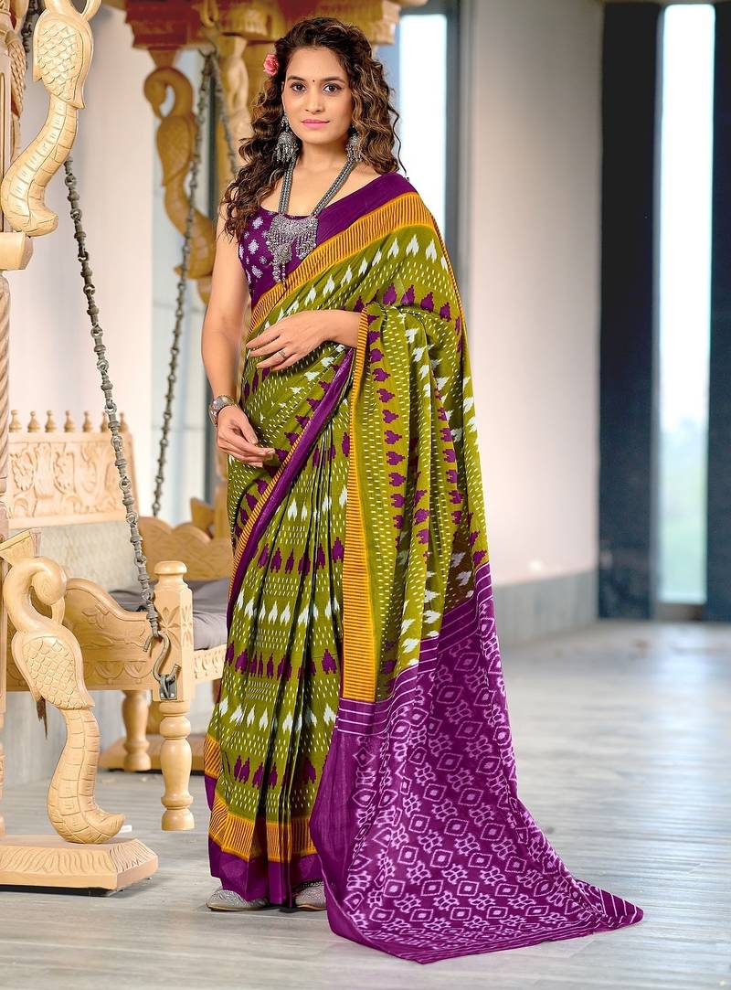 Mehendi ikkat, block print mulmul cotton saree with blouse.