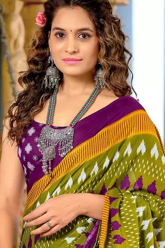 Mehendi ikkat, block print mulmul cotton saree with blouse.