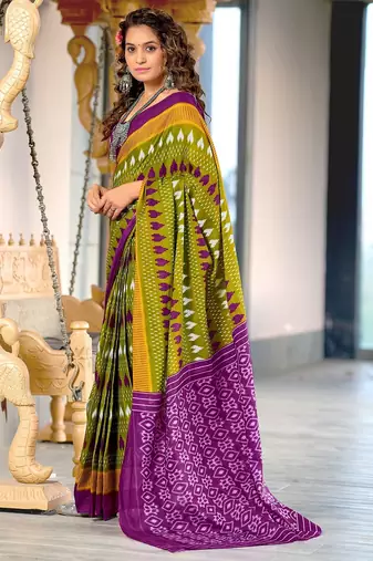 Mehendi ikkat, block print mulmul cotton saree with blouse.