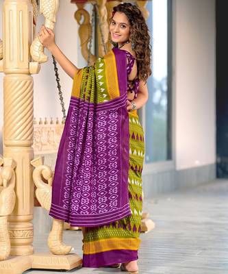 Mehendi ikkat, block print mulmul cotton saree with blouse. 4