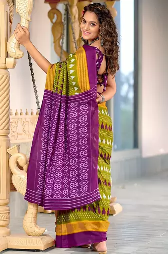 Mehendi ikkat, block print mulmul cotton saree with blouse.