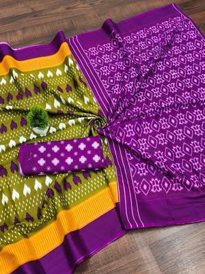 Mehendi ikkat, block print mulmul cotton saree with blouse. 5