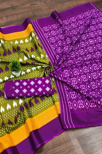 Mehendi ikkat, block print mulmul cotton saree with blouse.
