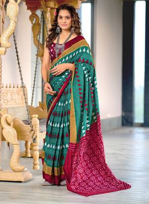 Teal blue ikkat, block print mulmul cotton saree with blouse. 1