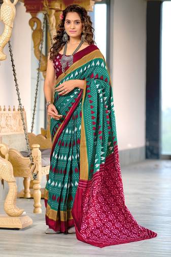 Teal blue ikkat, block print mulmul cotton saree with blouse.