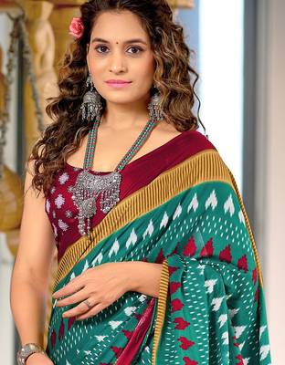 Teal blue ikkat, block print mulmul cotton saree with blouse. 2