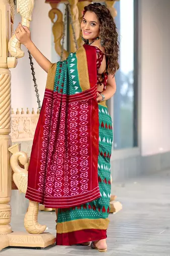 Teal blue ikkat, block print mulmul cotton saree with blouse.