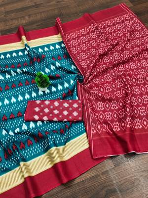 Teal blue ikkat, block print mulmul cotton saree with blouse. 5