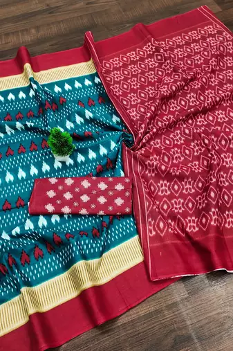 Teal blue ikkat, block print mulmul cotton saree with blouse.