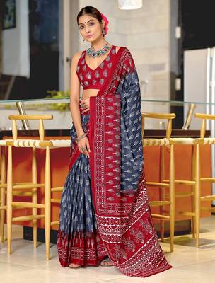Light blue floral print soft pure cotton saree with blouse. 1