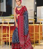 Light blue floral print soft pure cotton saree with blouse.