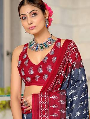 Light blue floral print soft pure cotton saree with blouse. 2