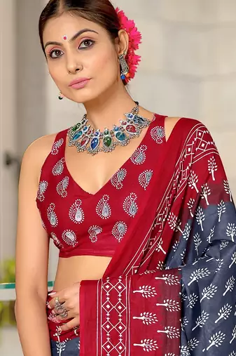 Light blue floral print soft pure cotton saree with blouse.