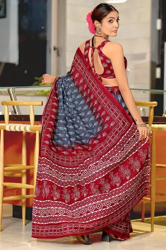 Light blue floral print soft pure cotton saree with blouse.