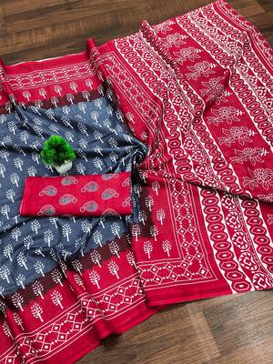 Light blue floral print soft pure cotton saree with blouse. 5