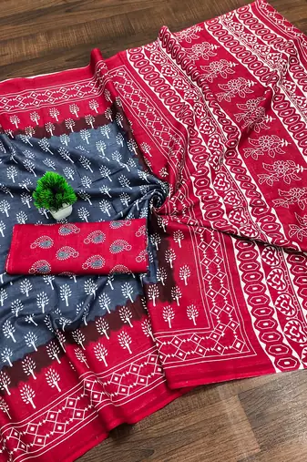 Light blue floral print soft pure cotton saree with blouse.