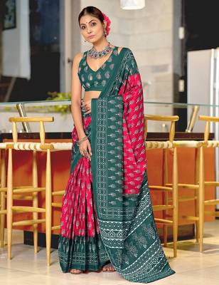 Pink floral print soft pure cotton saree with blouse. 1