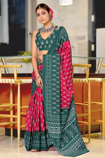 Pink floral print soft pure cotton saree with blouse.