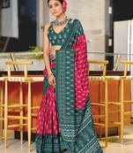 Pink floral print soft pure cotton saree with blouse.