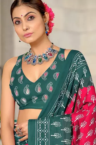 Pink floral print soft pure cotton saree with blouse.