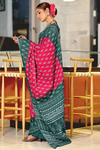 Pink floral print soft pure cotton saree with blouse.