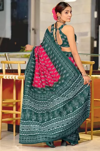 Pink floral print soft pure cotton saree with blouse.