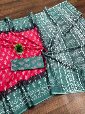 Pink floral print soft pure cotton saree with blouse. 5