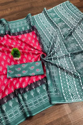 Pink floral print soft pure cotton saree with blouse.