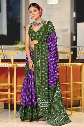 Purple floral print soft pure cotton saree with blouse.