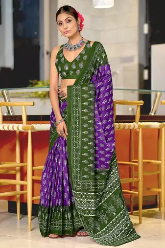 Purple floral print soft pure cotton saree with blouse.