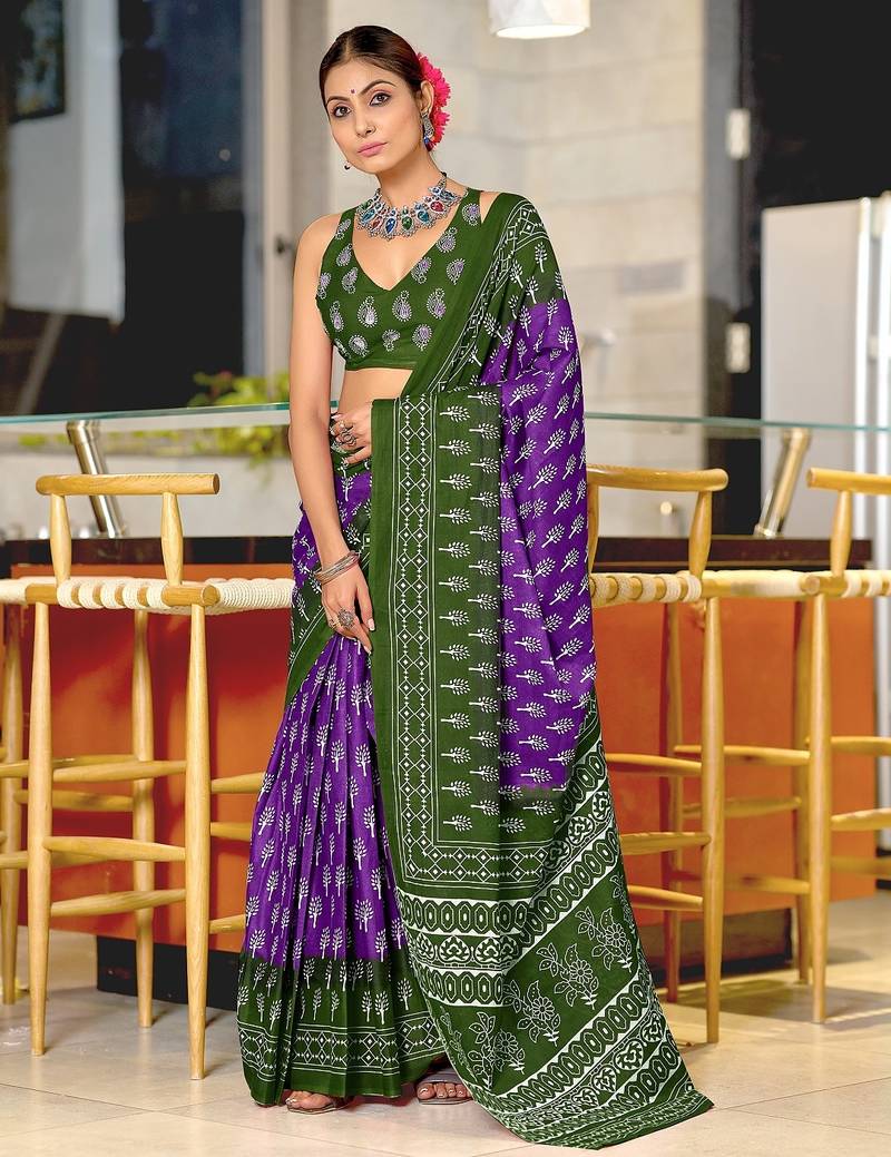 Purple floral print soft pure cotton saree with blouse.