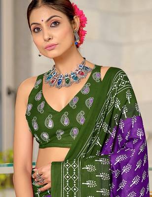 Purple floral print soft pure cotton saree with blouse. 2
